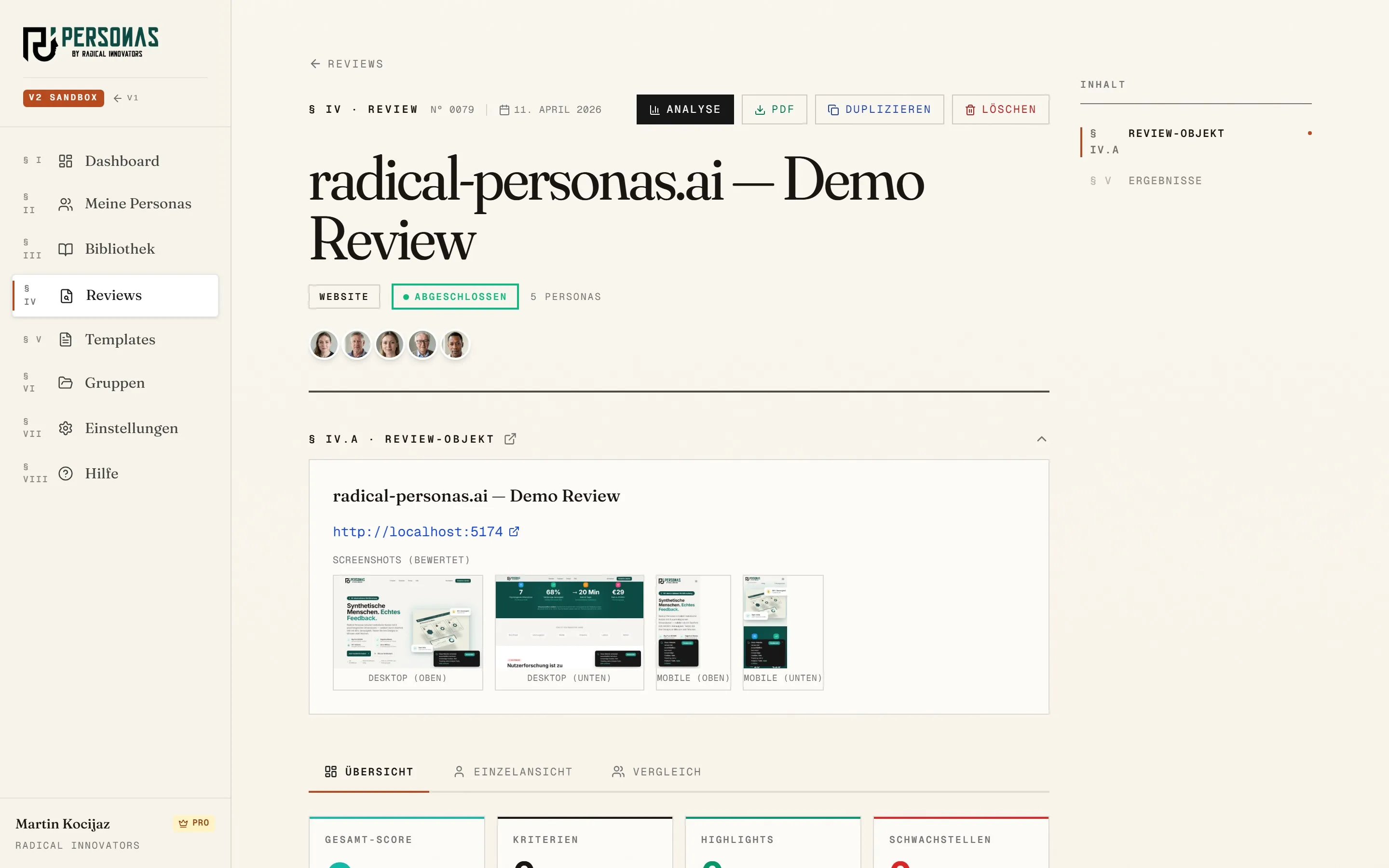 Screenshot eines Radical-Personas-Review-Ergebnisses mit Scores und Persona-Kommentaren