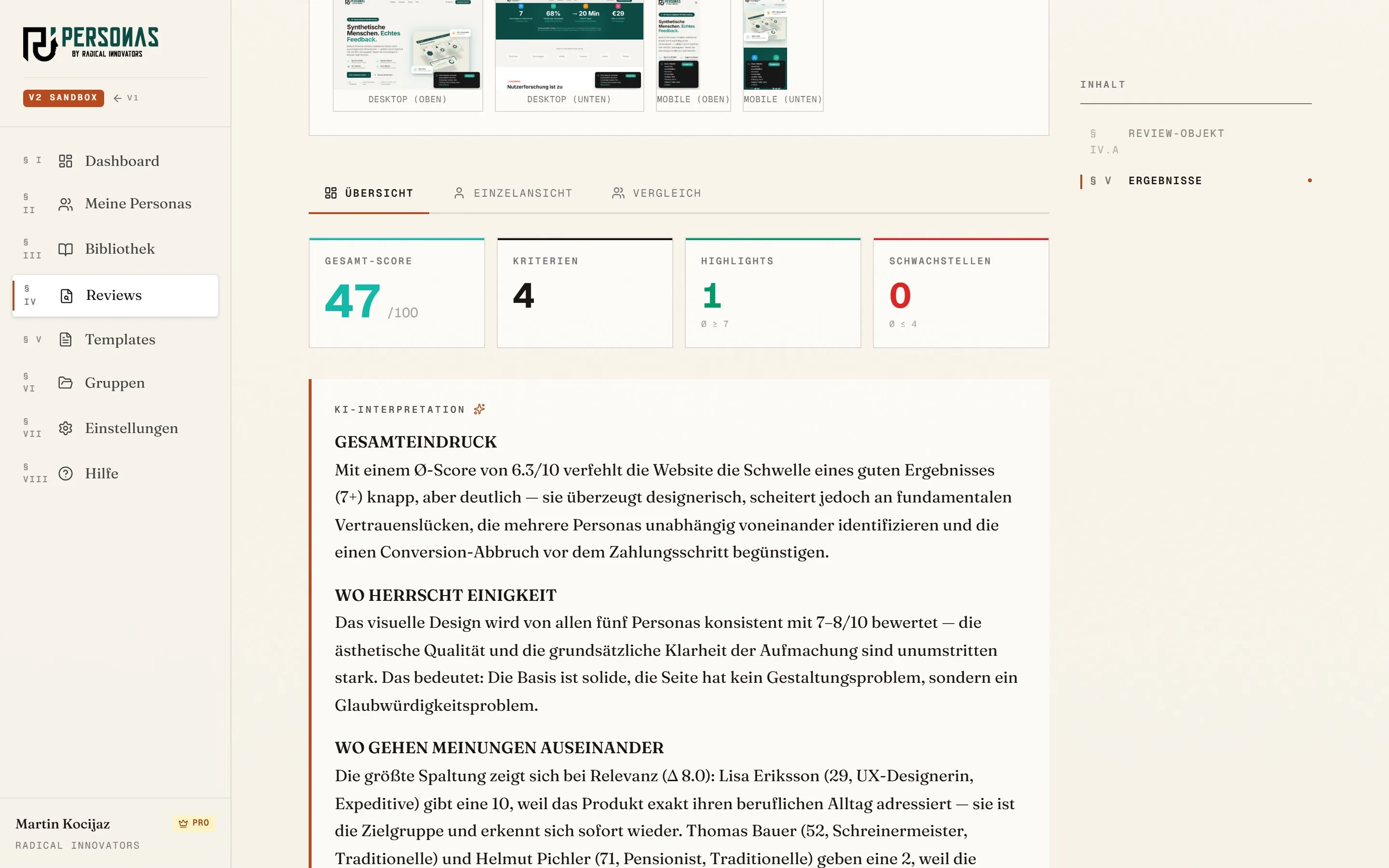 Screenshot aus der Radical-Personas-App: Review-Detailansicht mit KI-synthetisierter Gesamtinterpretation und typografischem Drop-Cap.