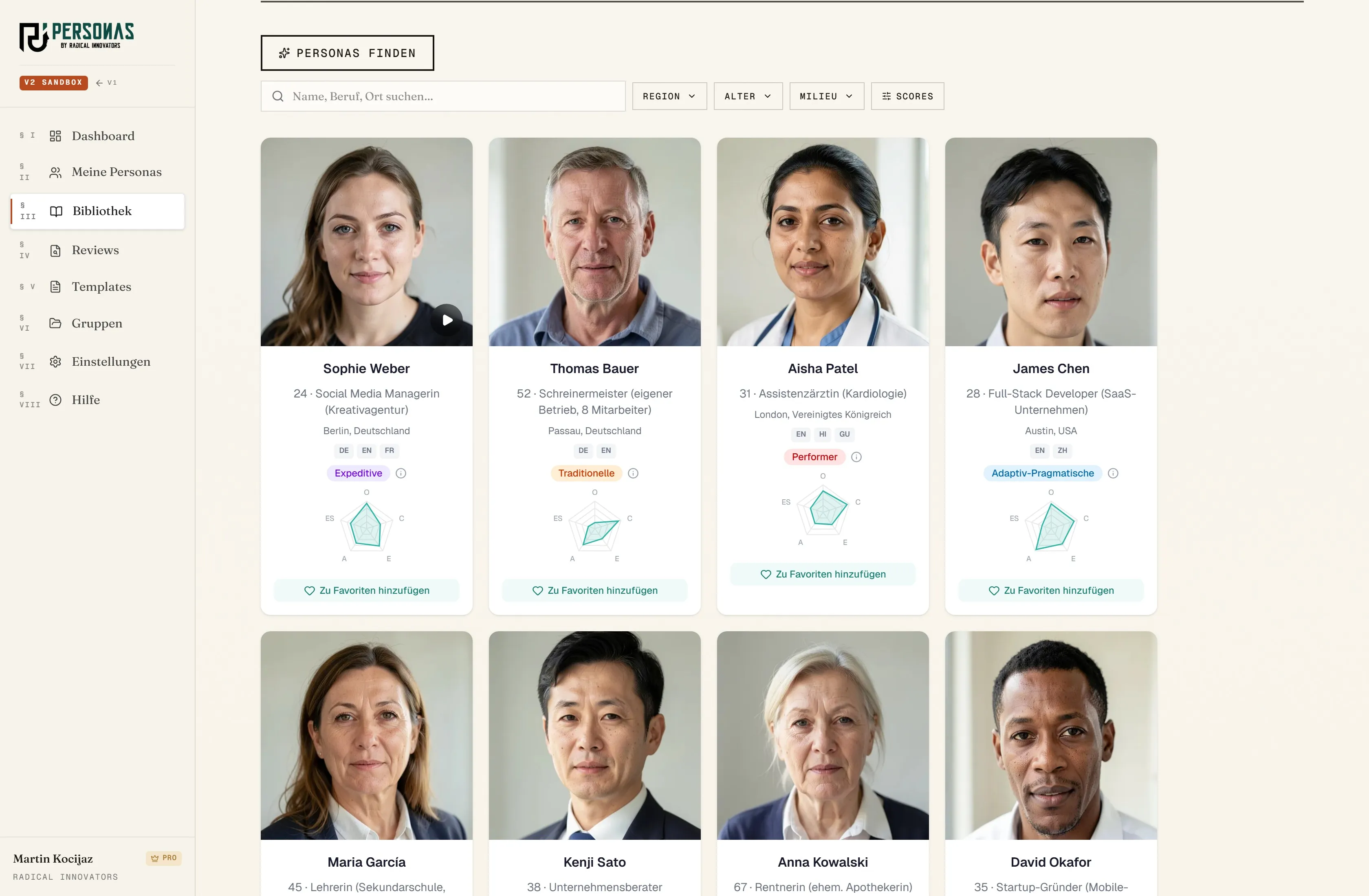 Screenshot aus der Radical-Personas-App: Wizard Schritt 3 mit der Persona-Auswahl — je Persona das Portrait, das Sinus-Milieu und die dominante Bias-Signatur.