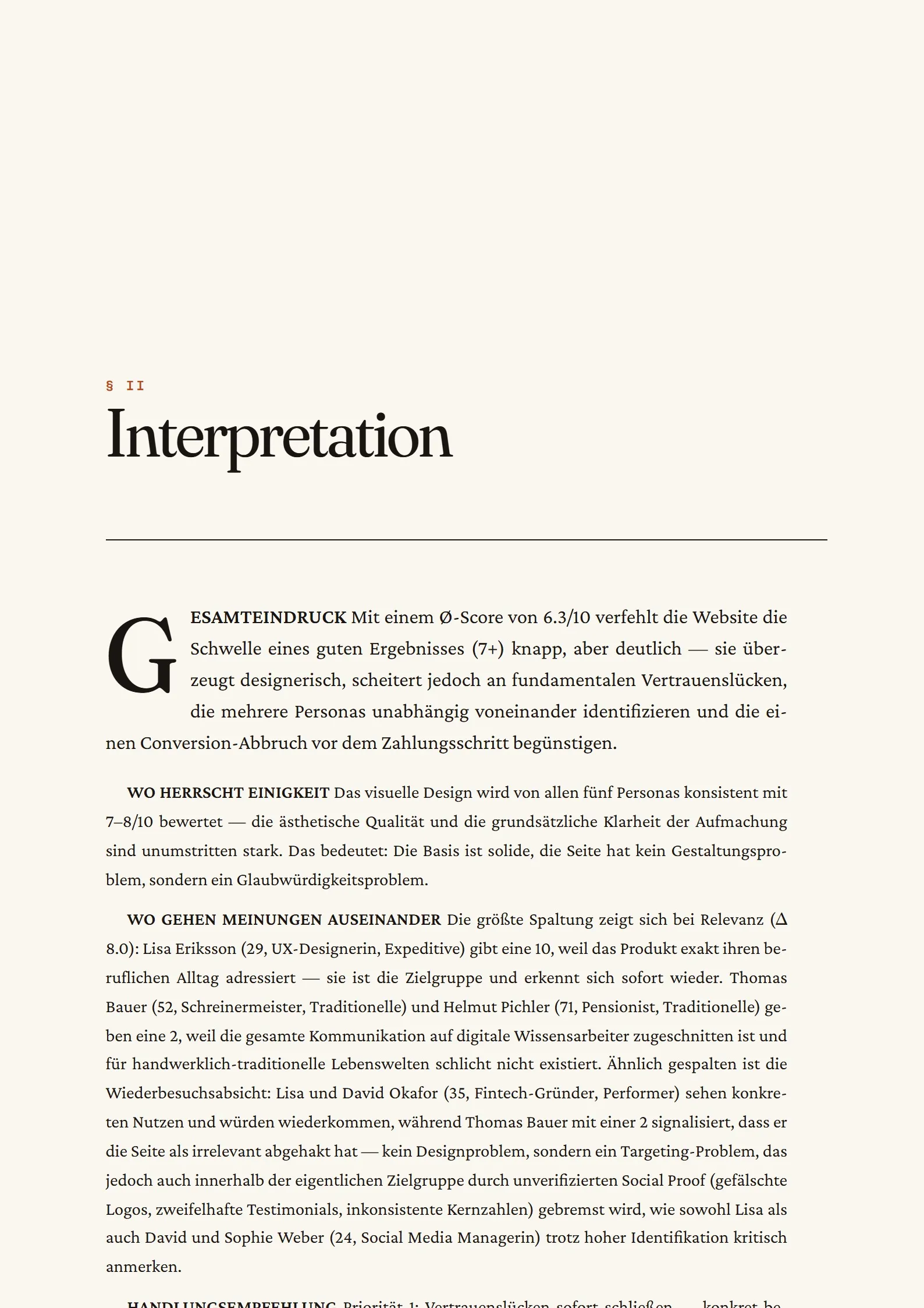 Report-Seite: KI-Synthese & Empfehlungen